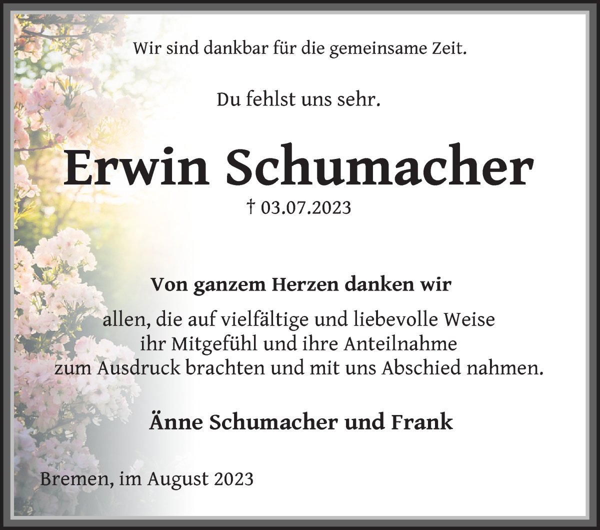 Traueranzeige von Erwin Schumacher von WESER-KURIER