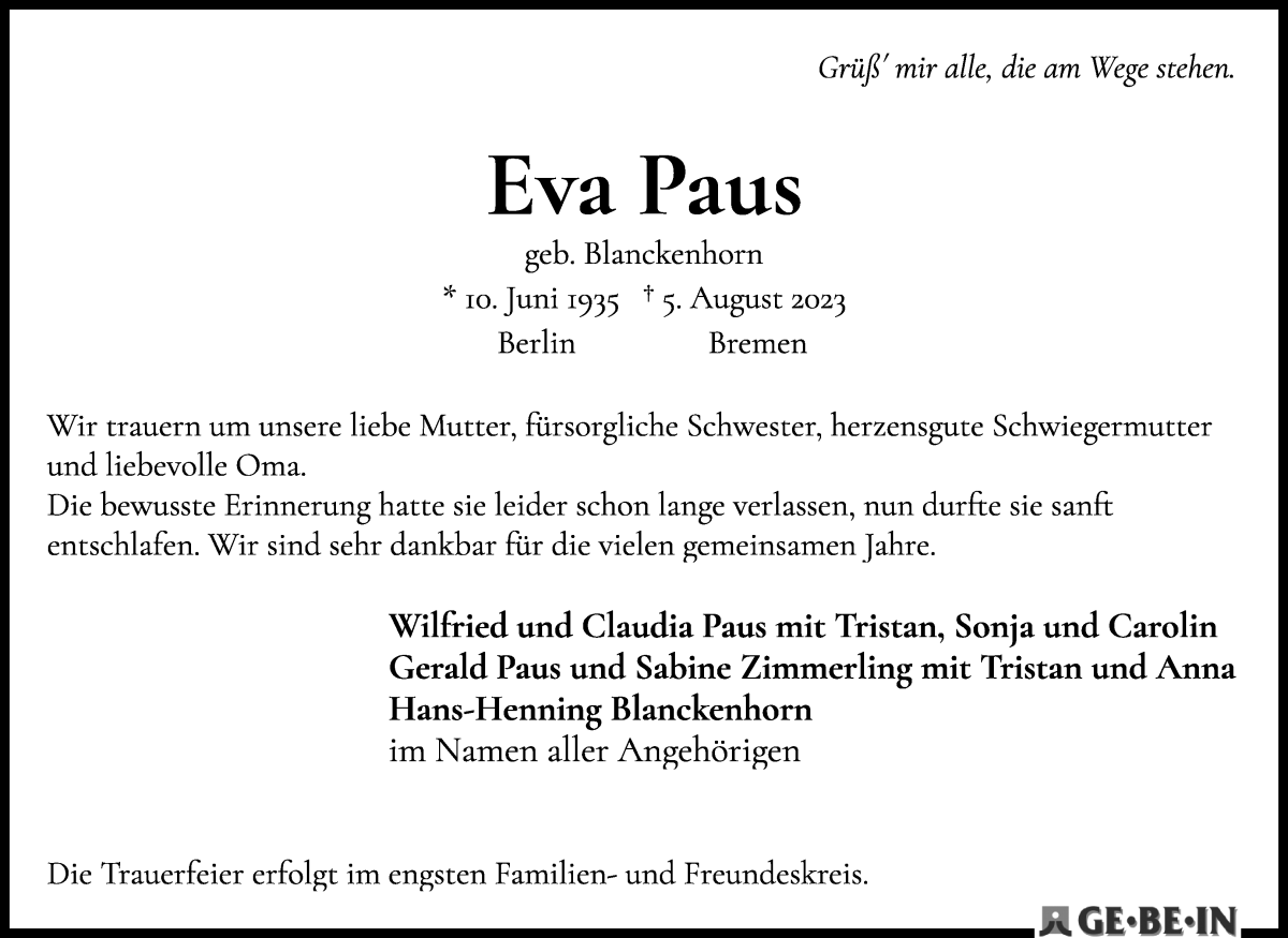Traueranzeige von Eva Paus von WESER-KURIER