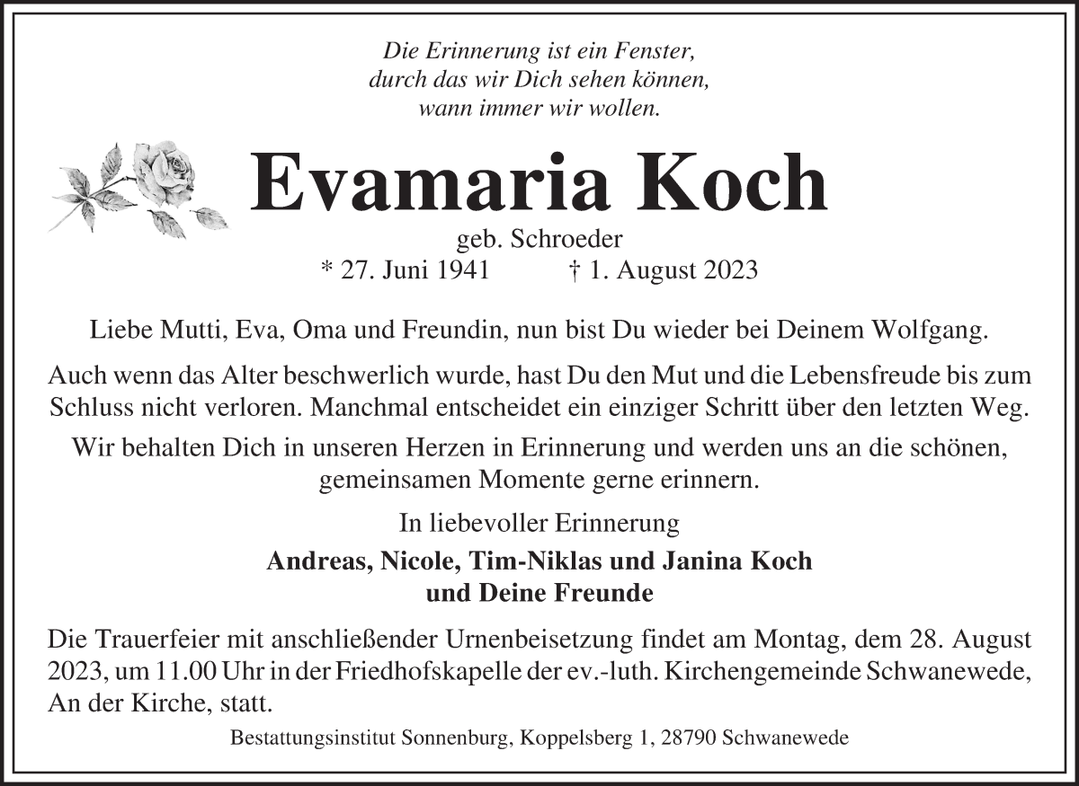 Traueranzeige von Evamaria Koch von Die Norddeutsche