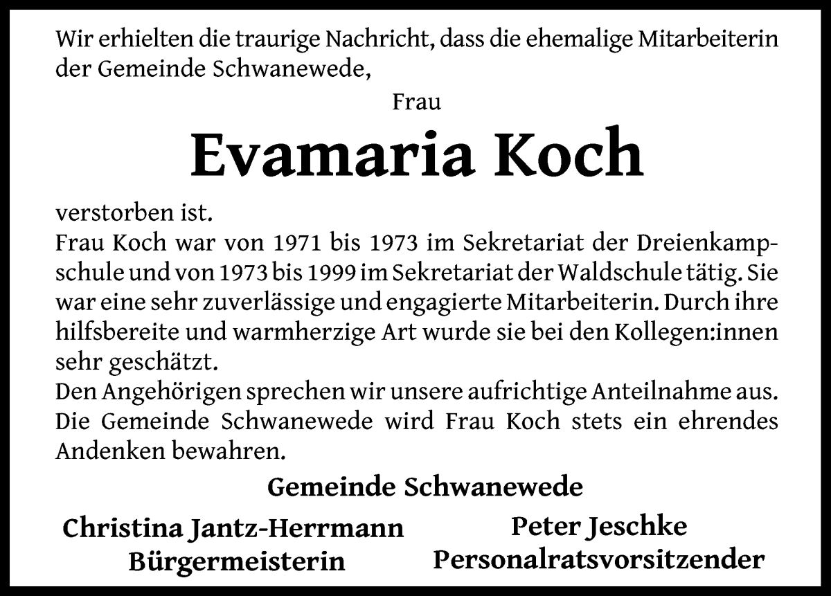 Traueranzeige von Evamaria Koch von Die Norddeutsche