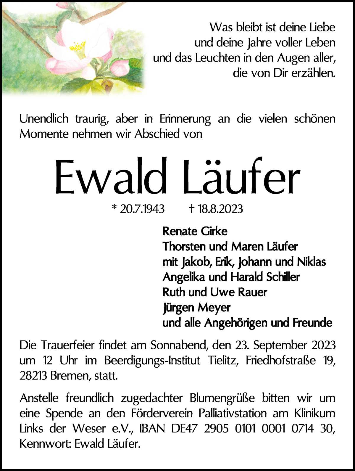 Traueranzeige von Ewald Läufer von WESER-KURIER