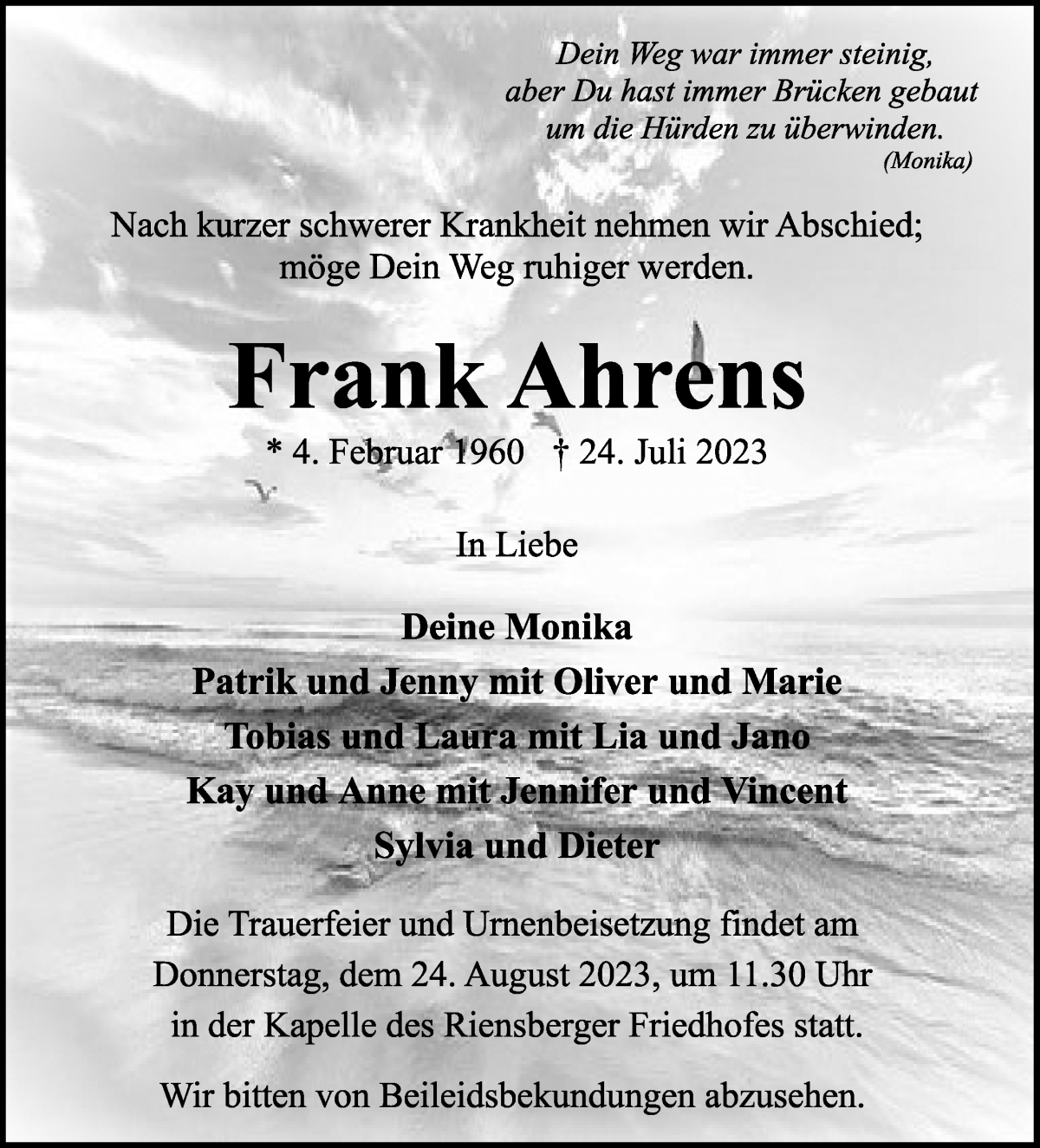 Traueranzeige von Frank Ahrens von WESER-KURIER