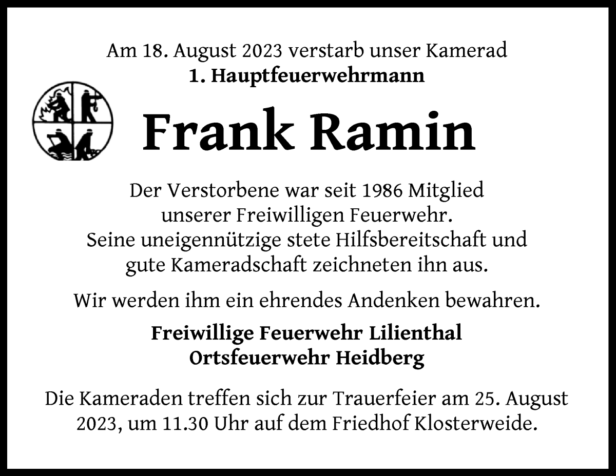 Traueranzeige von Frank Ramin von Wuemme Zeitung