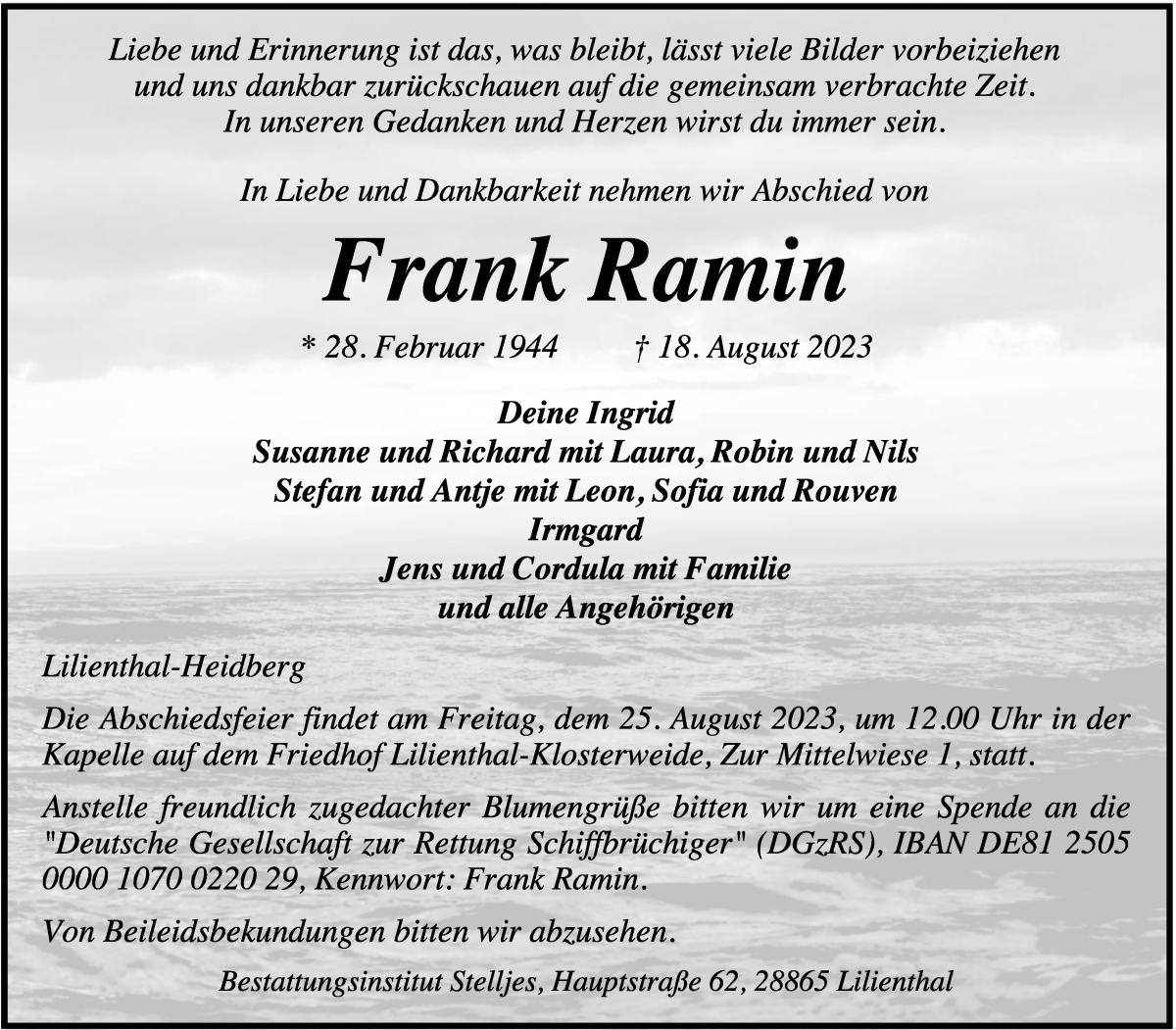 Traueranzeige von Frank Ramin von Wuemme Zeitung