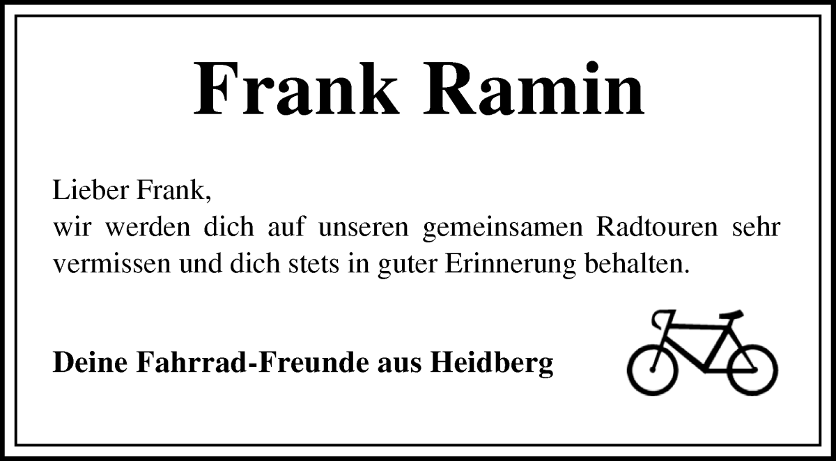 Traueranzeige von Frank Ramin von Wuemme Zeitung