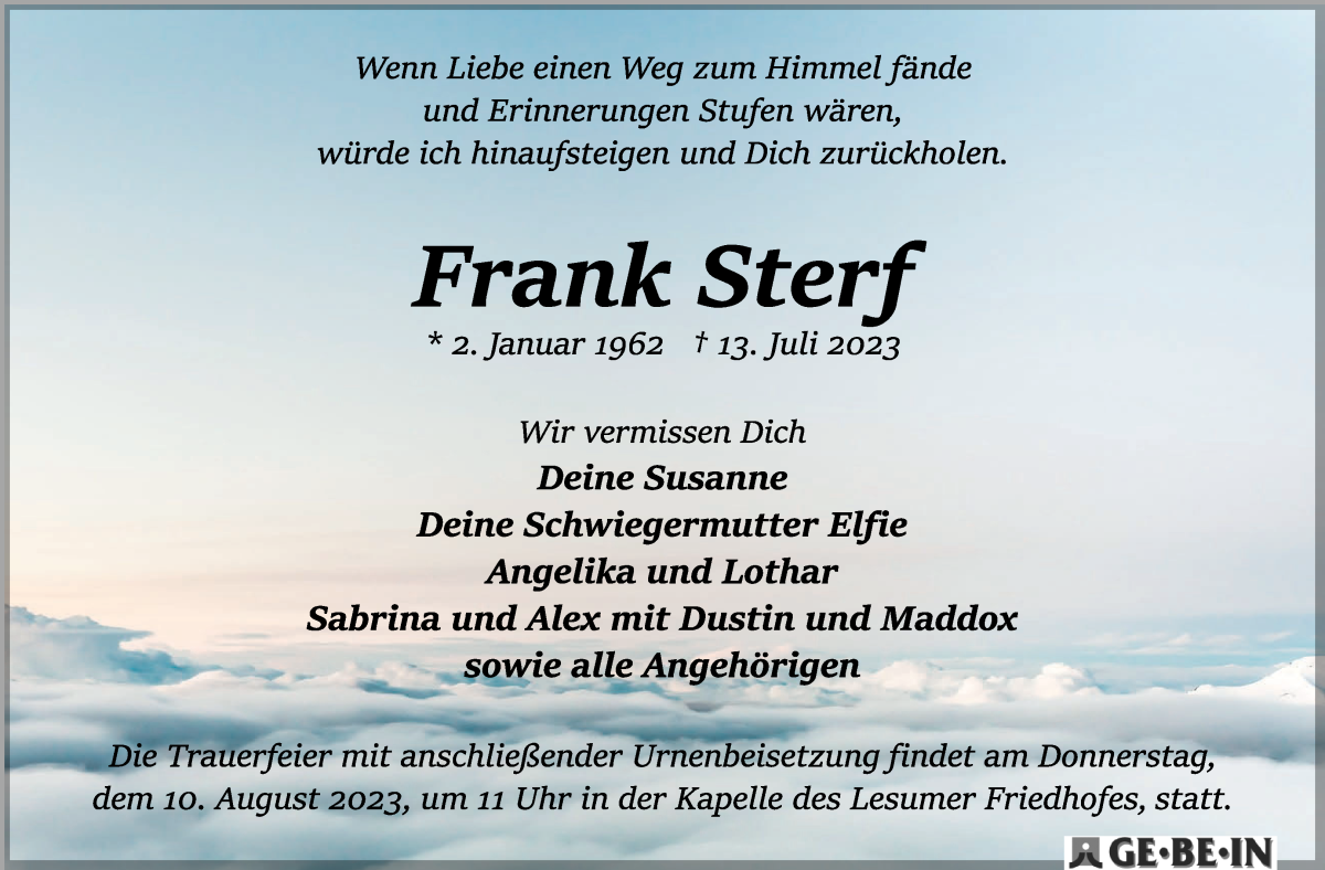 Traueranzeige von Frank Sterf von WESER-KURIER