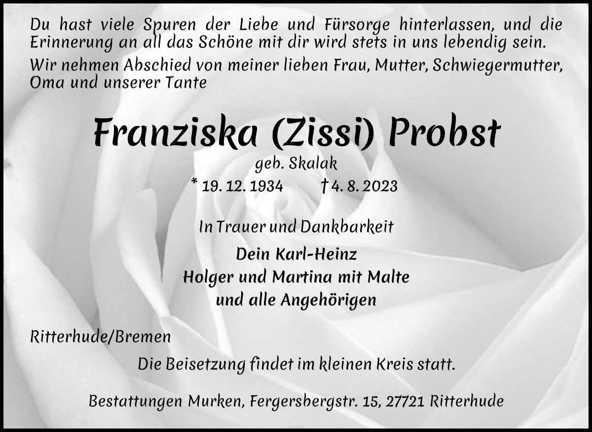 Traueranzeige von Franziska Probst von WESER-KURIER