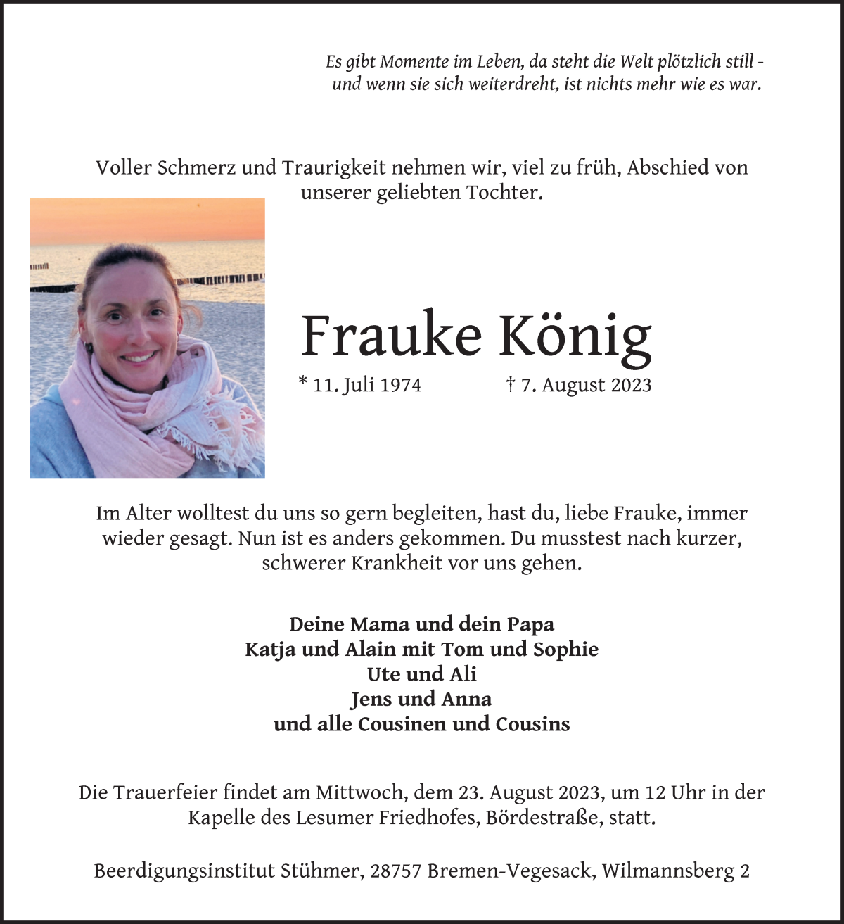 Traueranzeige von Frauke König von WESER-KURIER