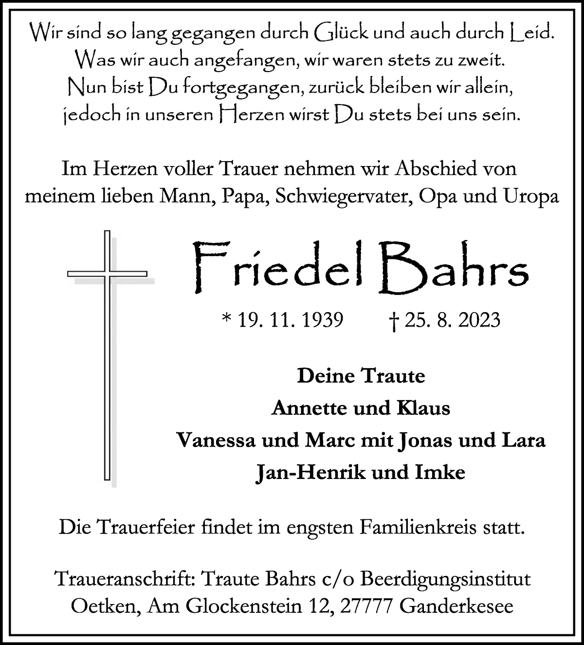 Traueranzeige von Friedel Bahrs von Die Norddeutsche