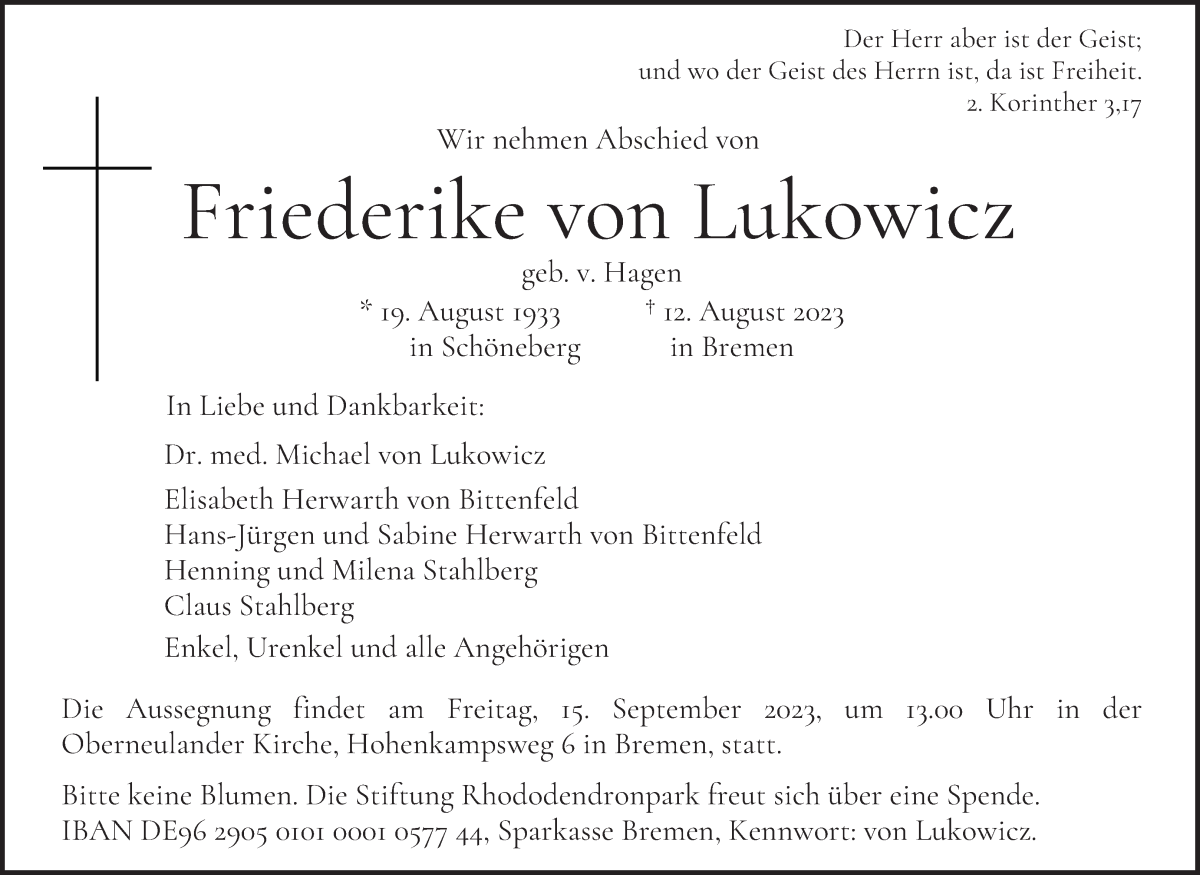 Traueranzeige von Friederike von Lukowicz von WESER-KURIER