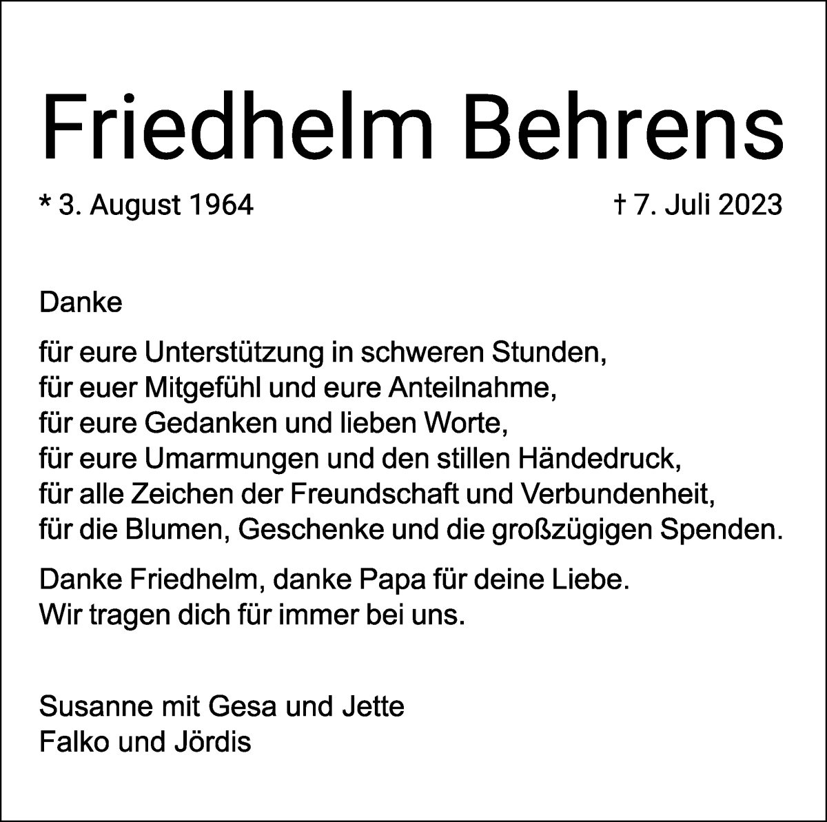 Traueranzeige von Friedhelm Behrens von WESER-KURIER
