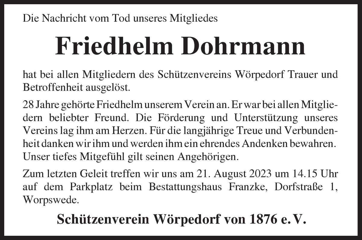 Traueranzeige von Friedhelm Dohrmann von Wuemme Zeitung