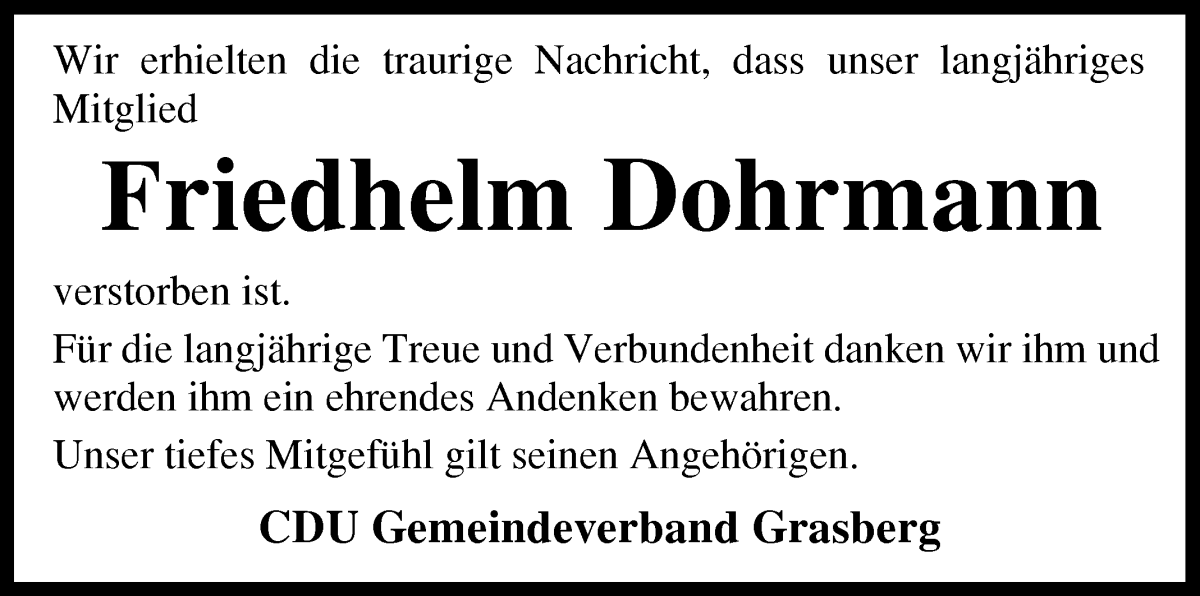 Traueranzeige von Friedhelm Dohrmann von Wuemme Zeitung