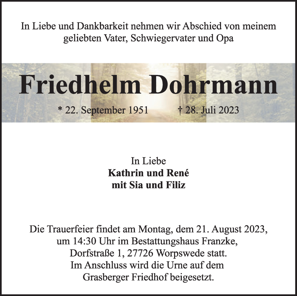 Traueranzeige von Friedhelm Dohrmann von Wuemme Zeitung