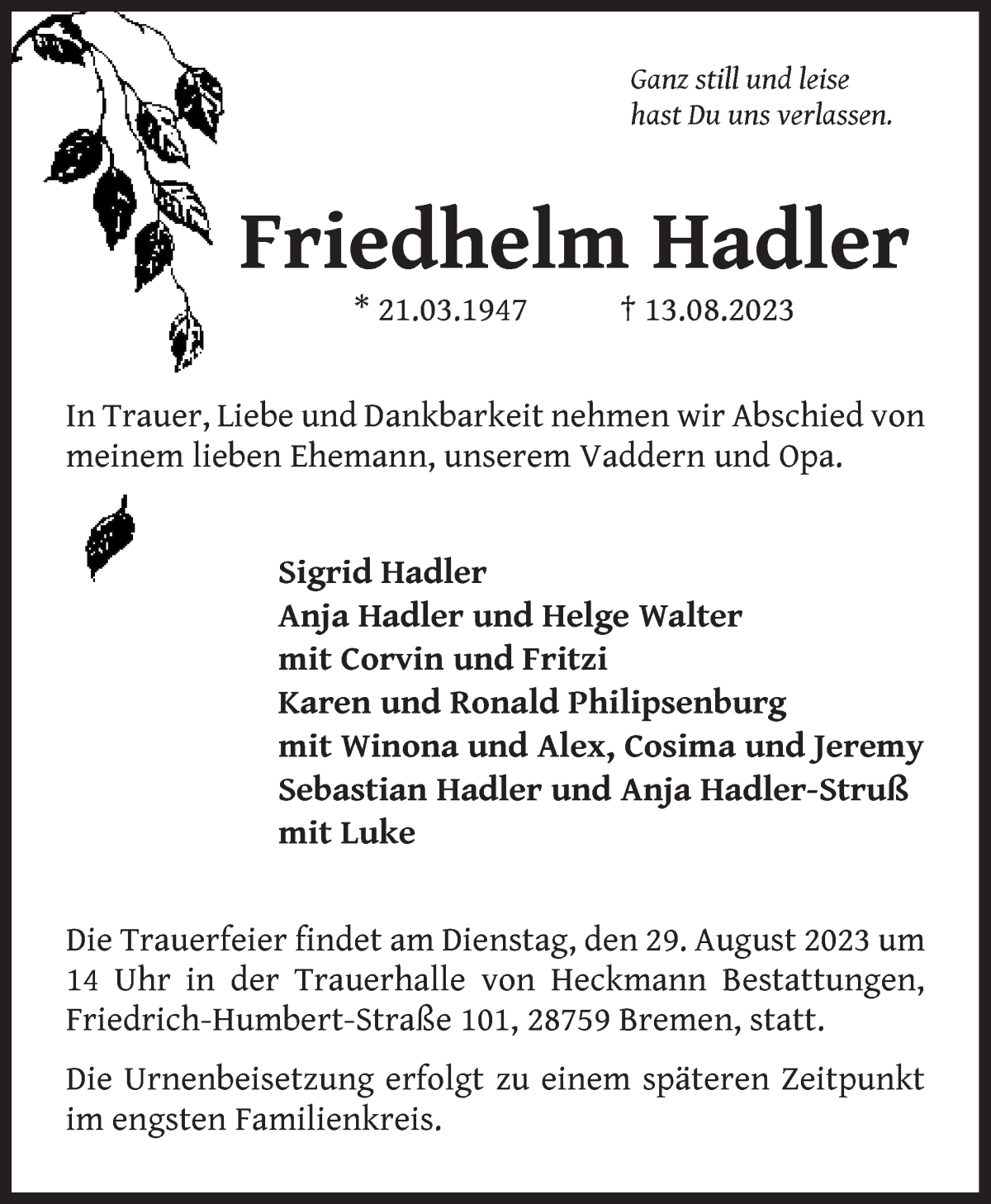 Traueranzeige von Friedhelm Hadler von WESER-KURIER
