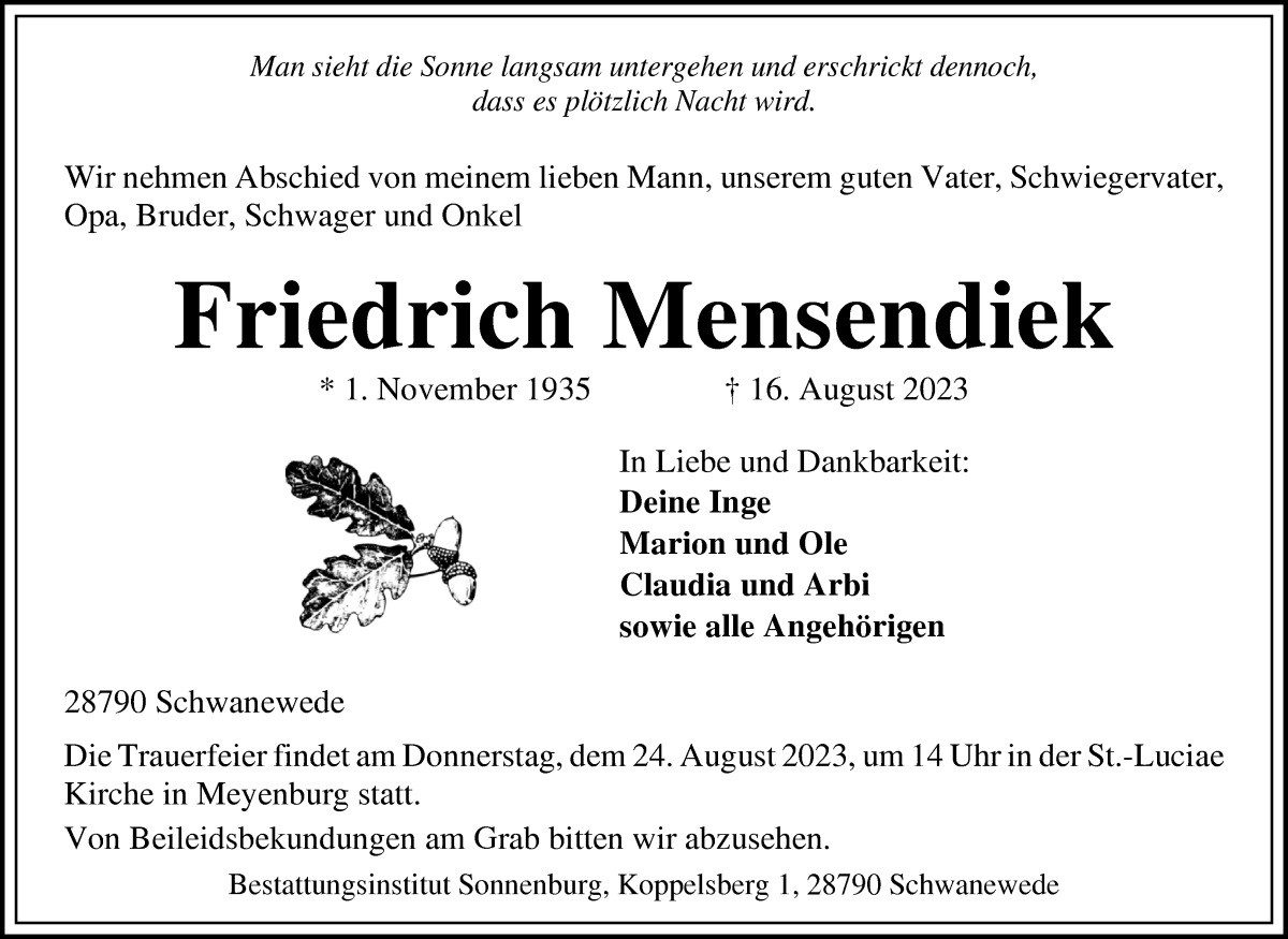 Traueranzeige von Friedrich Mensendiek von Die Norddeutsche