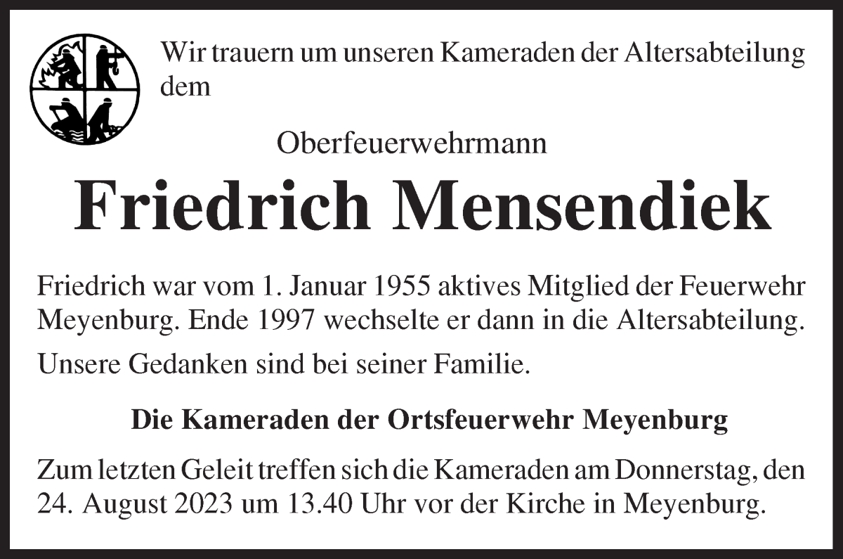 Traueranzeige von Friedrich Mensendiek von Die Norddeutsche