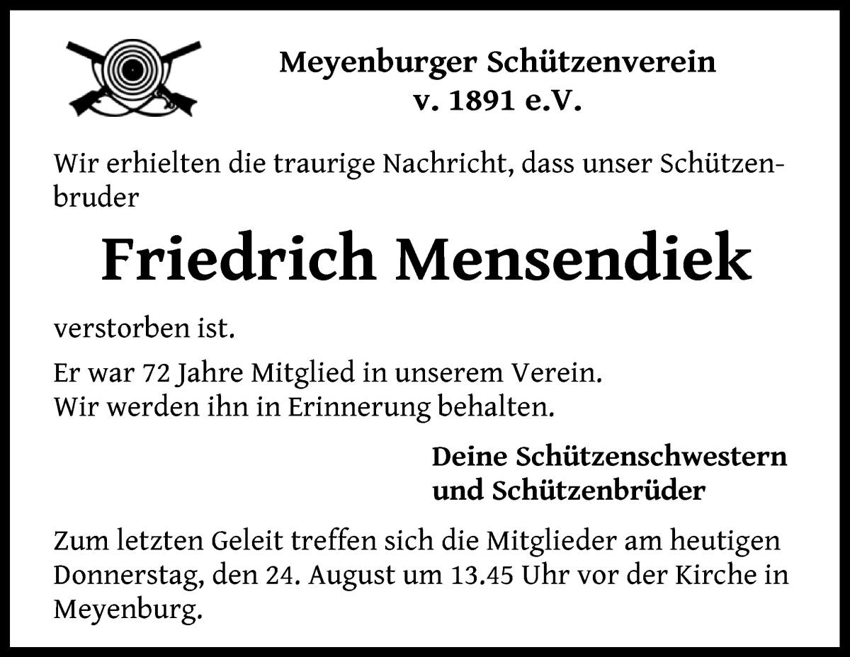 Traueranzeige von Friedrich Mensendiek von Die Norddeutsche