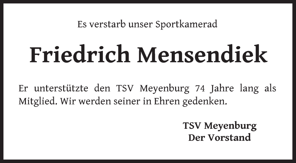 Traueranzeige von Friedrich Mensendiek von Die Norddeutsche