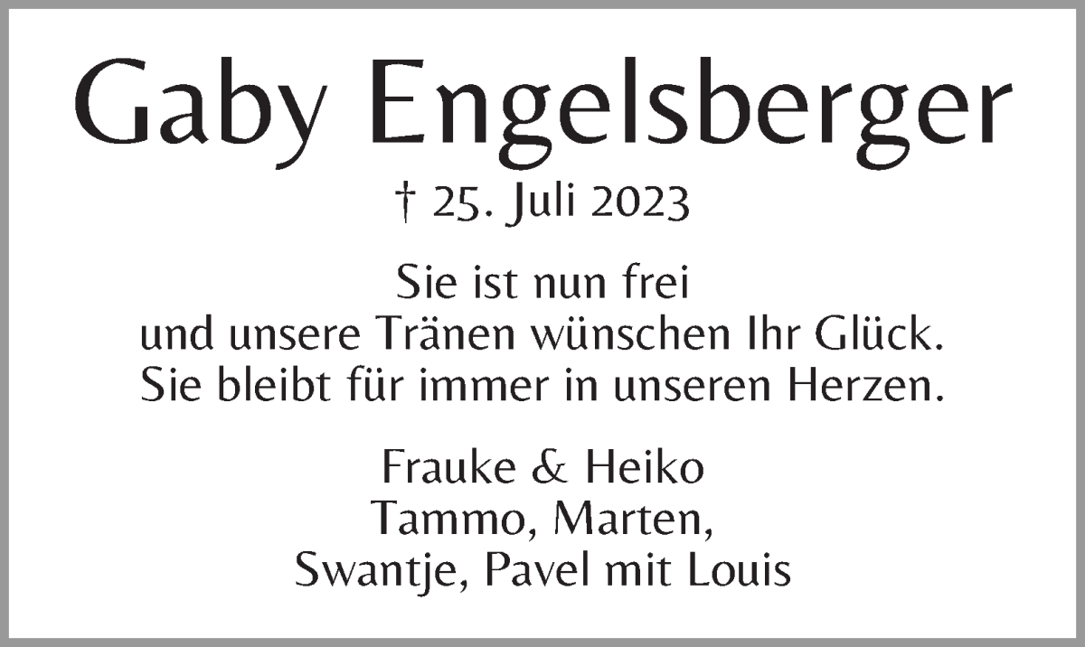 Traueranzeige von Gaby Engelsberger von WESER-KURIER