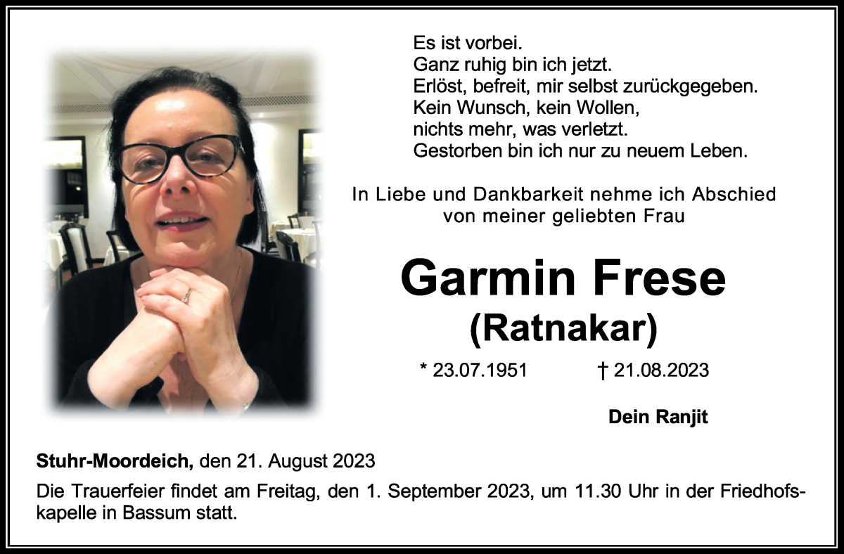 Traueranzeige von Garmin Frese von WESER-KURIER