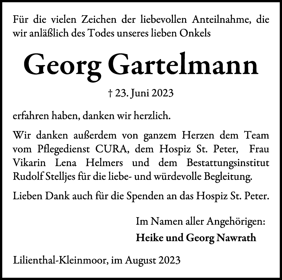 Traueranzeige von Georg Gartelmann von Wuemme Zeitung