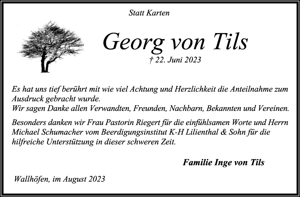 Traueranzeige von Georg von Tils von Osterholzer Kreisblatt