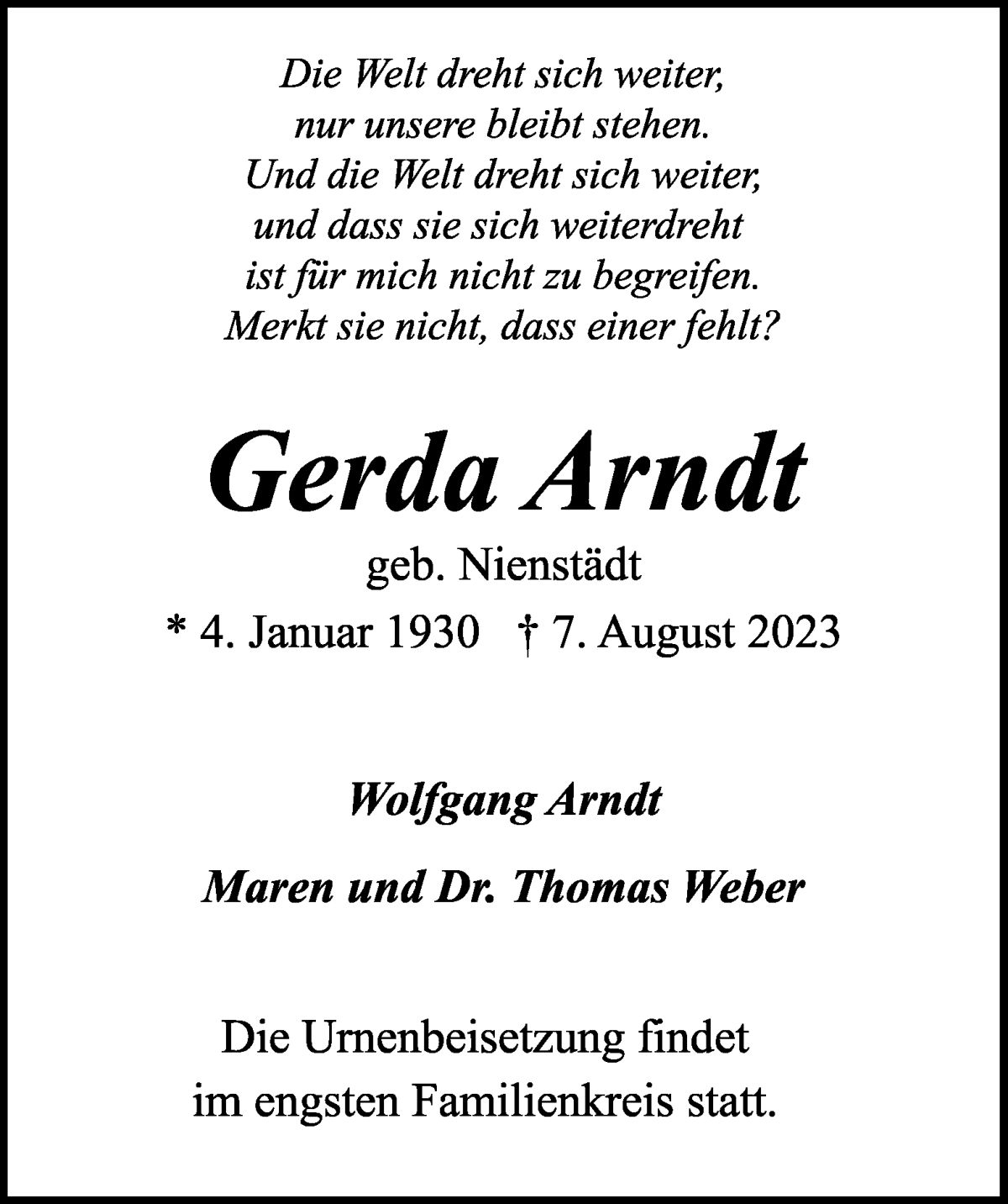 Traueranzeige von Gerda Arndt von WESER-KURIER