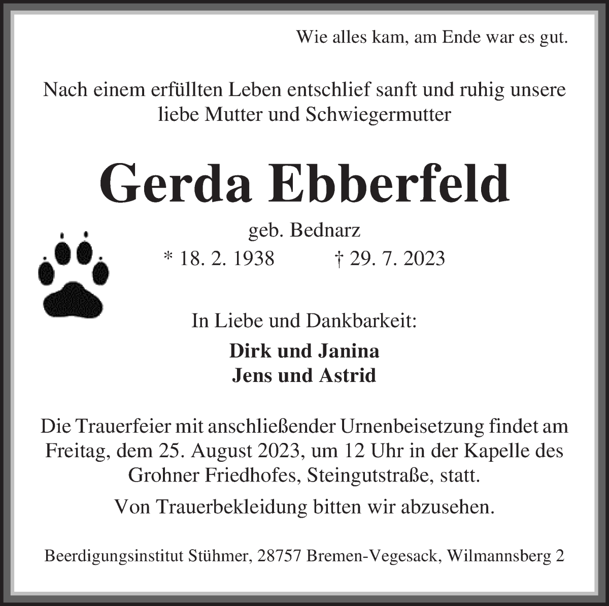 Traueranzeige von Gerda Ebberfeld von Die Norddeutsche