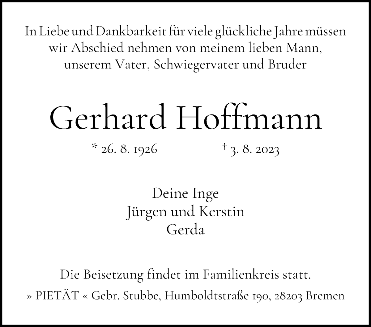 Traueranzeige von Gerhard Hoffmann von WESER-KURIER