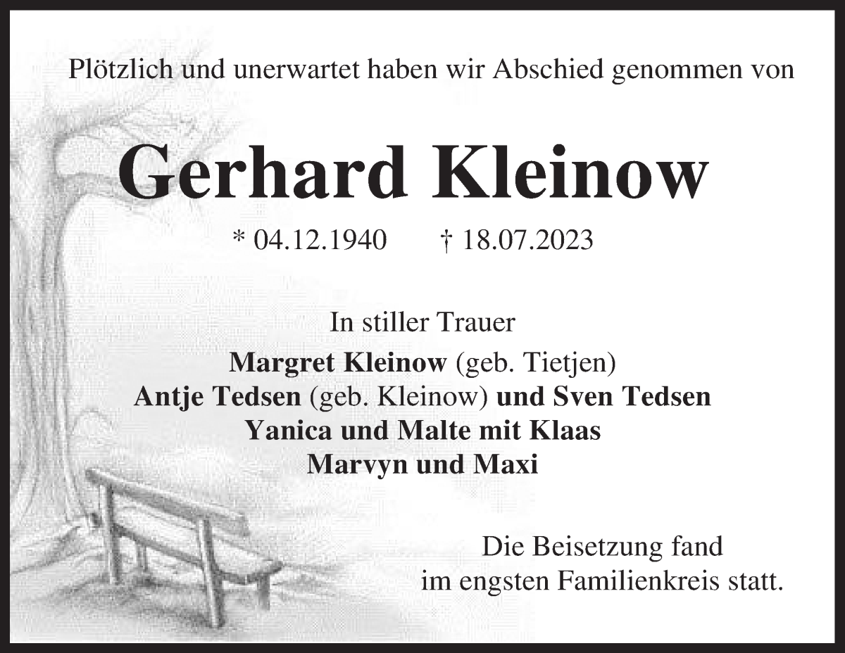 Traueranzeige von Gerhard Kleinow von Die Norddeutsche