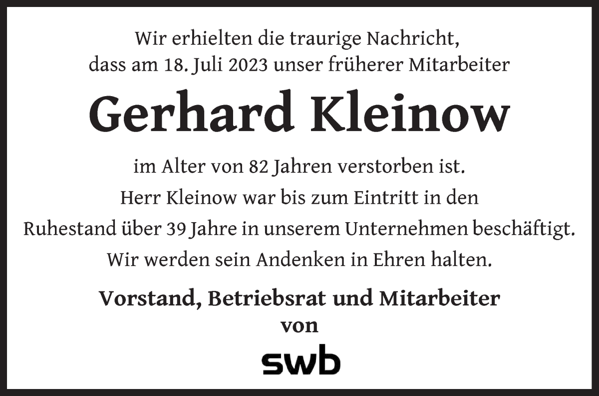 Traueranzeige von Gerhard Kleinow von WESER-KURIER