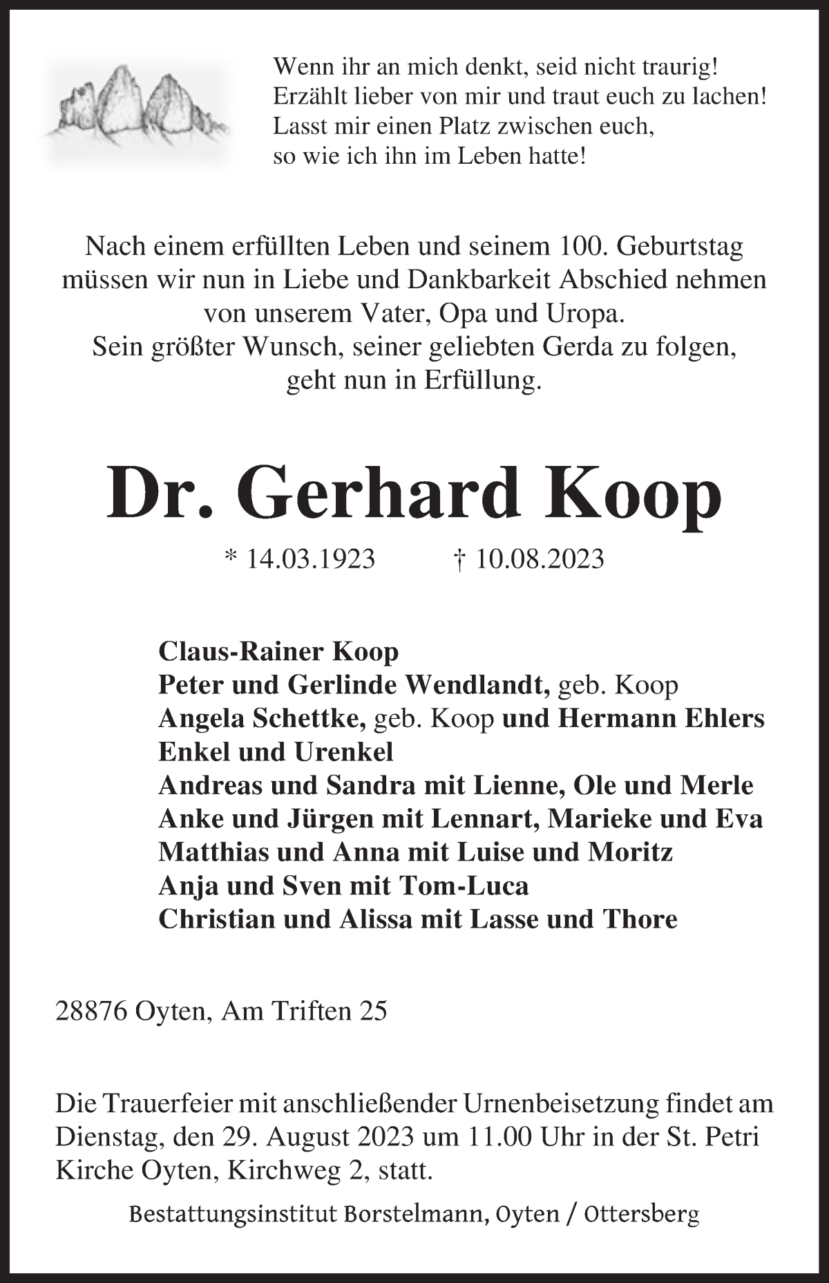 Traueranzeige von Gerhard Koop von Achimer Kurier/Verdener Nachrichten