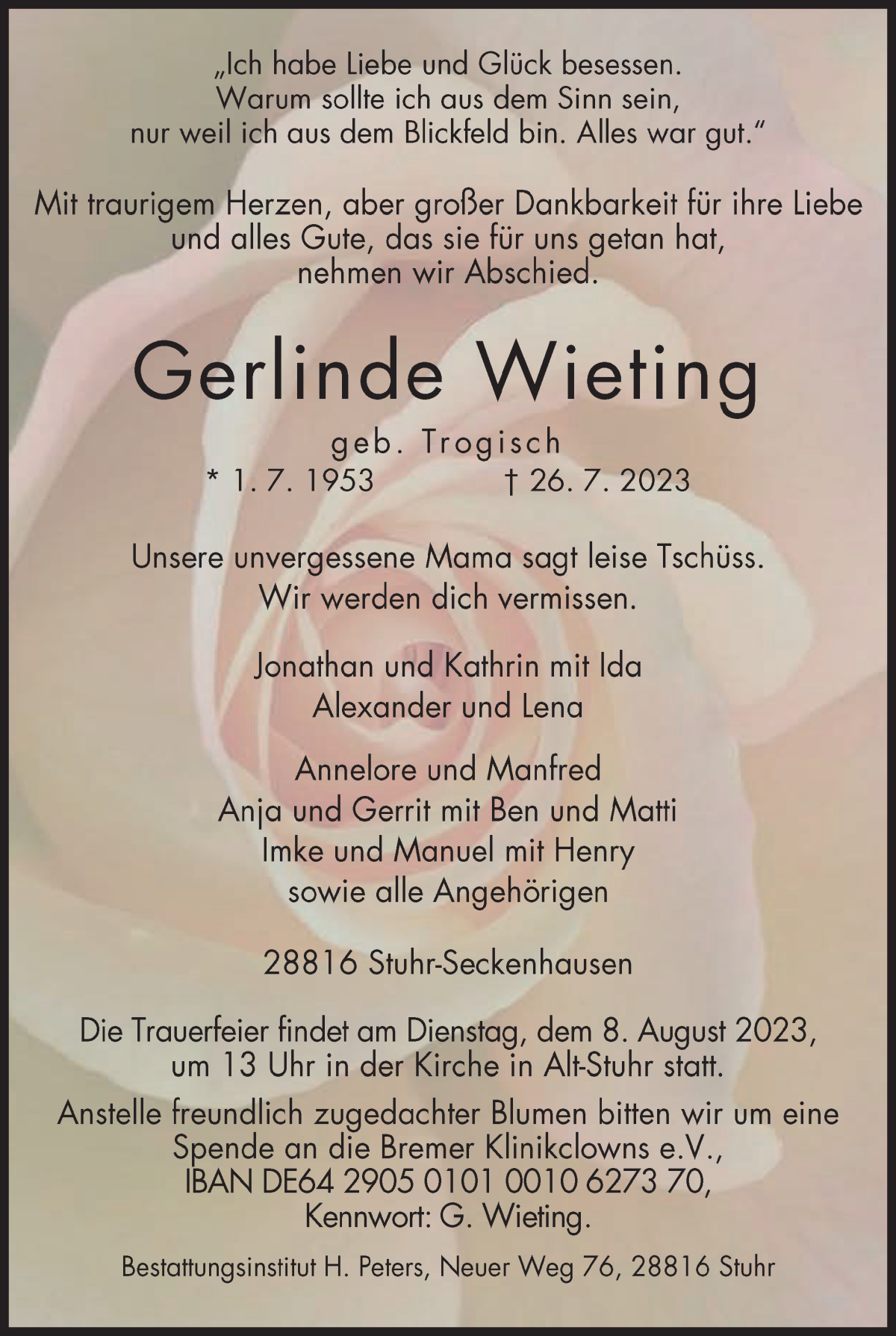 Traueranzeige von Gerlinde Wieting von Regionale Rundschau/Syker Kurier