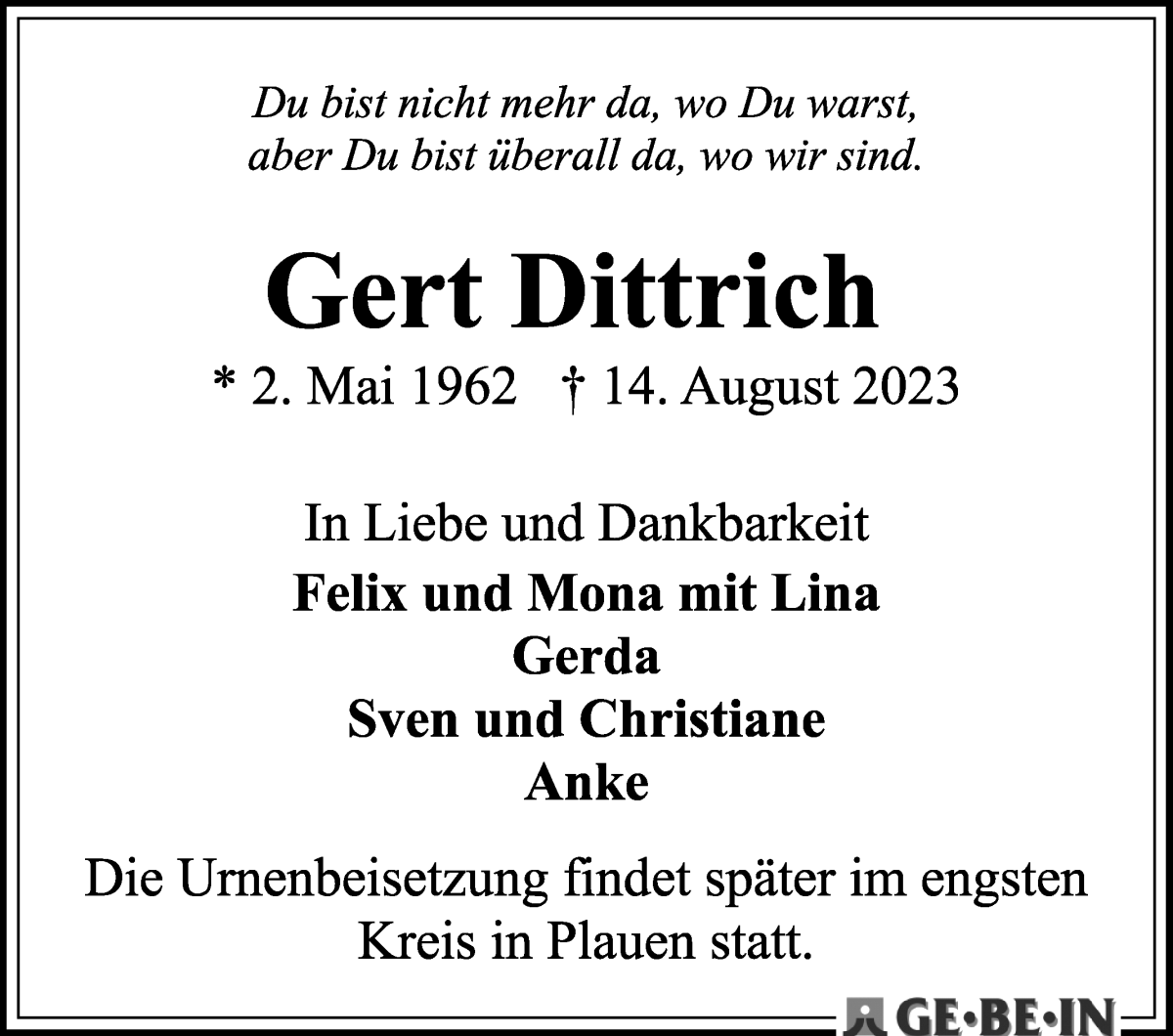 Traueranzeige von Gert Dittrich von WESER-KURIER