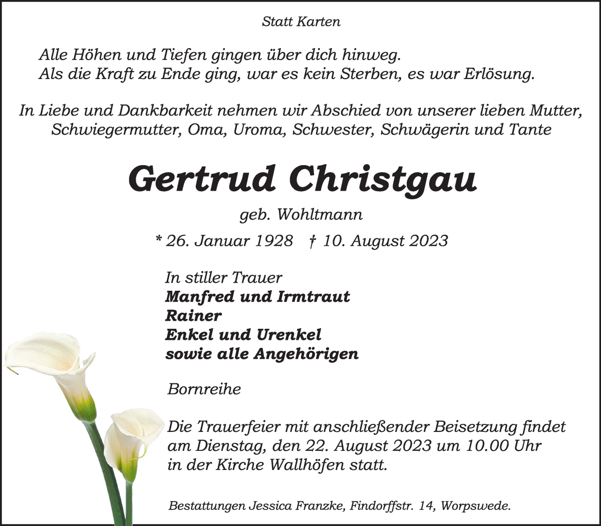 Traueranzeige von Gertrud Christgau von Osterholzer Kreisblatt