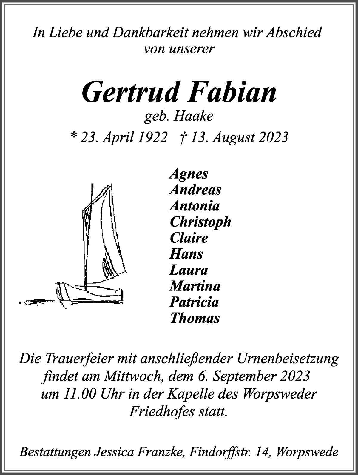 Traueranzeige von Gertrud Fabian von Wuemme Zeitung