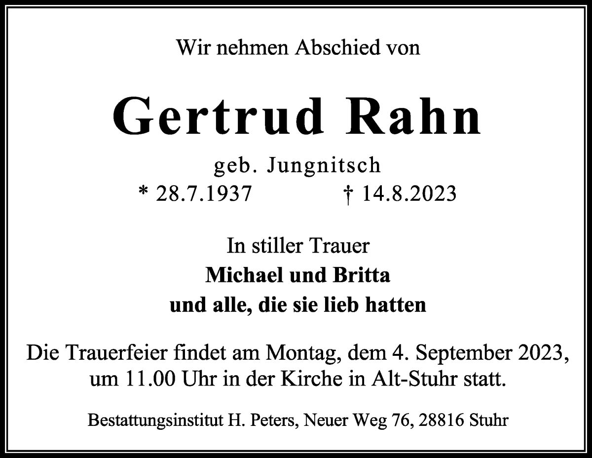 Traueranzeige von Gertrud Rahn von Regionale Rundschau/Syker Kurier