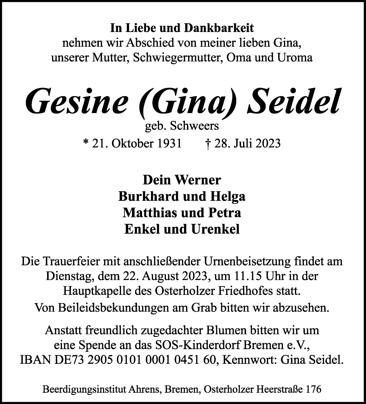 Traueranzeige von Gesine Seidel von WESER-KURIER
