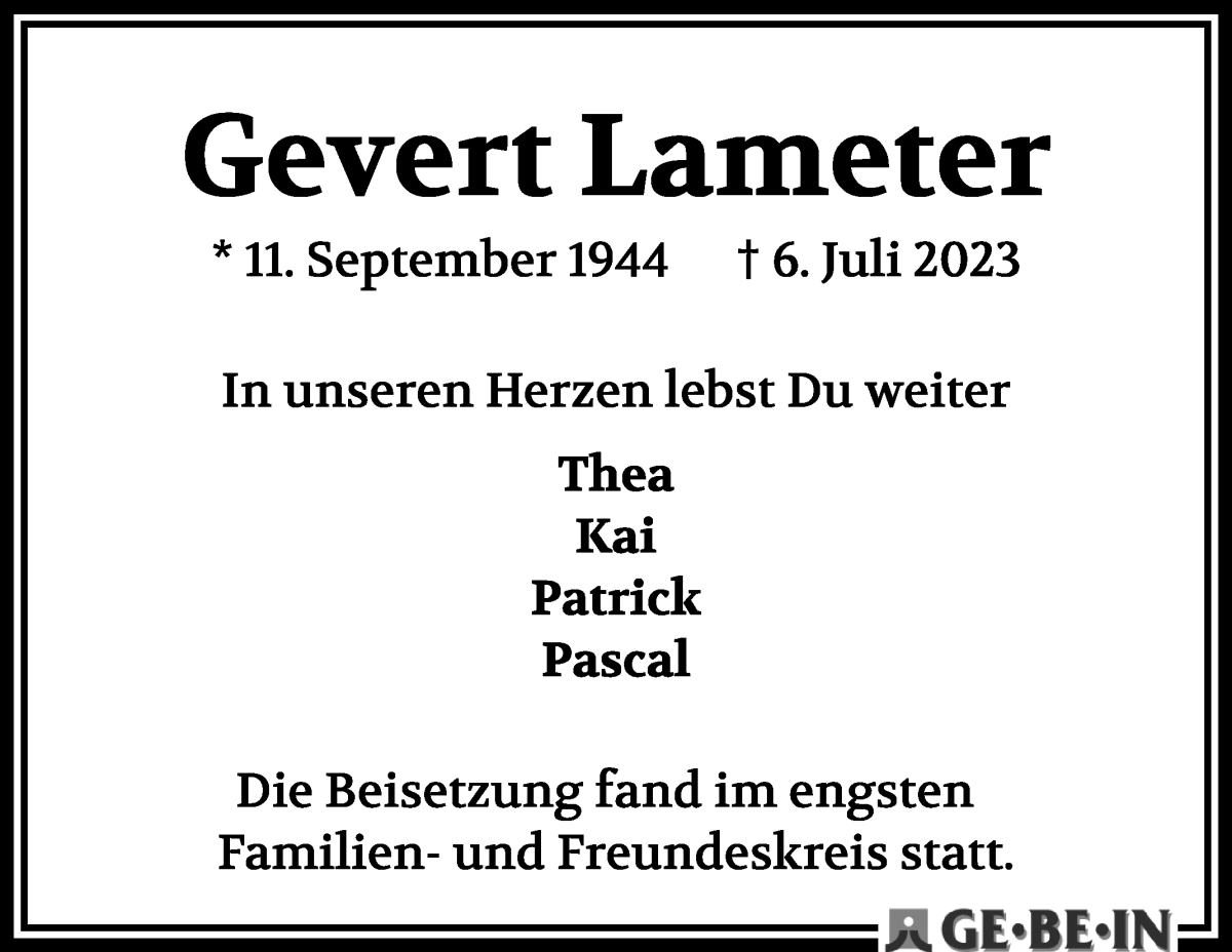 Traueranzeige von Gevert Lameter von WESER-KURIER