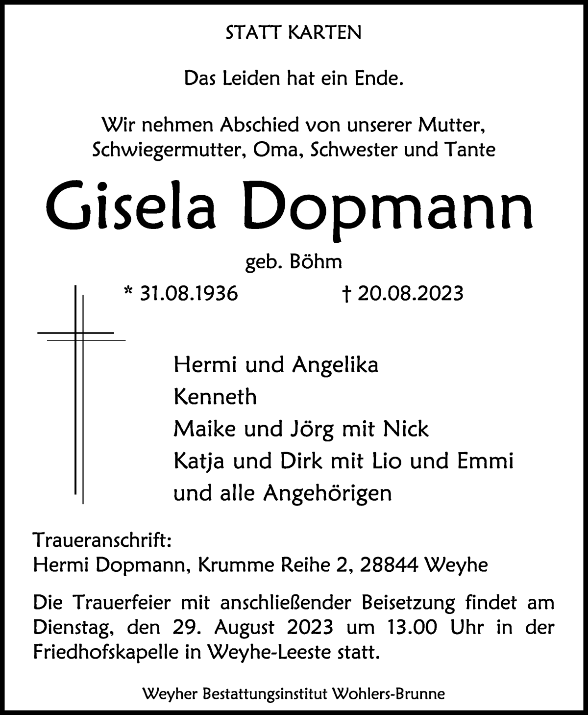 Traueranzeige von Gisela Dopmann von WESER-KURIER