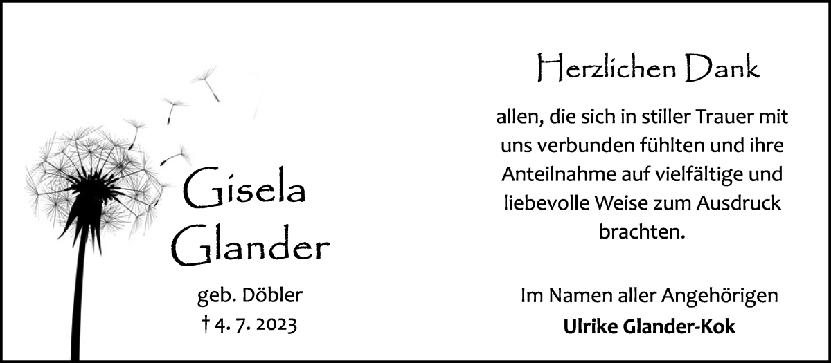 Traueranzeige von Gisela Glander von Die Norddeutsche