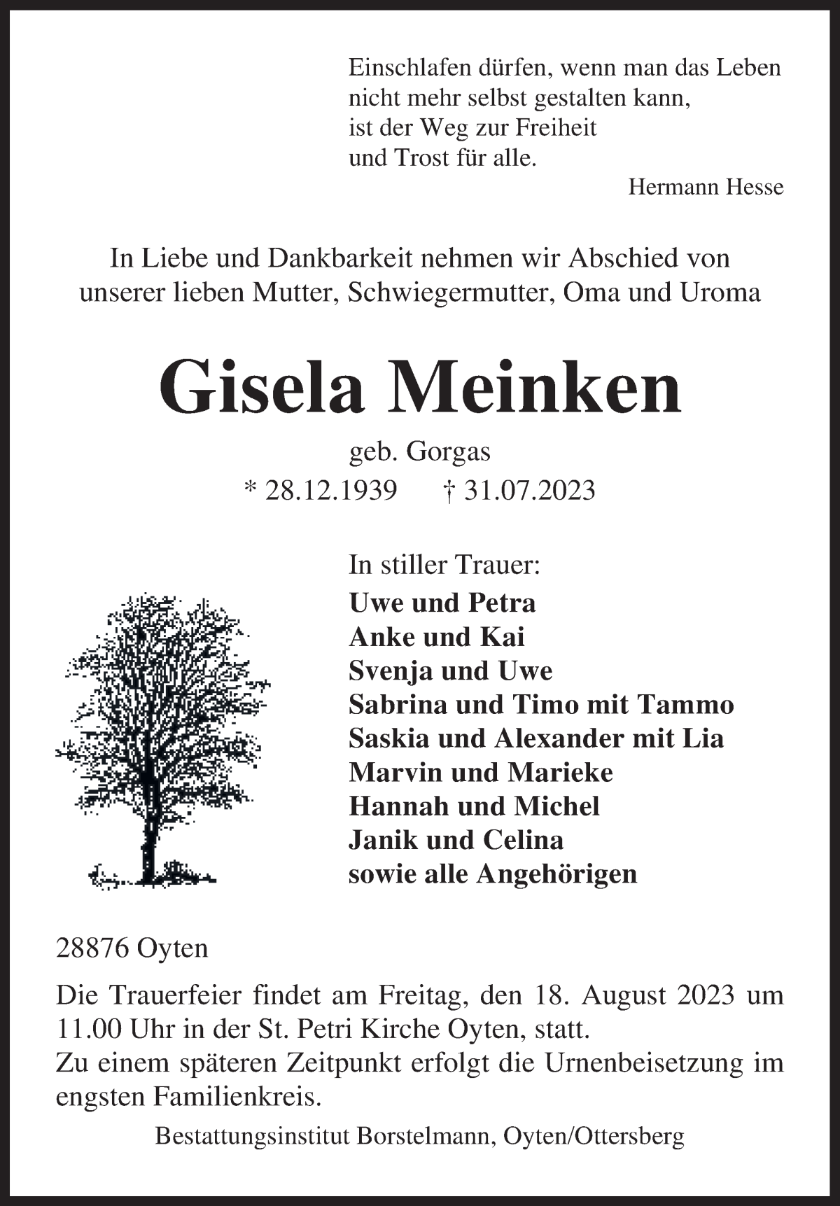 Traueranzeige von Gisela Meinken von Achimer Kurier/Verdener Nachrichten