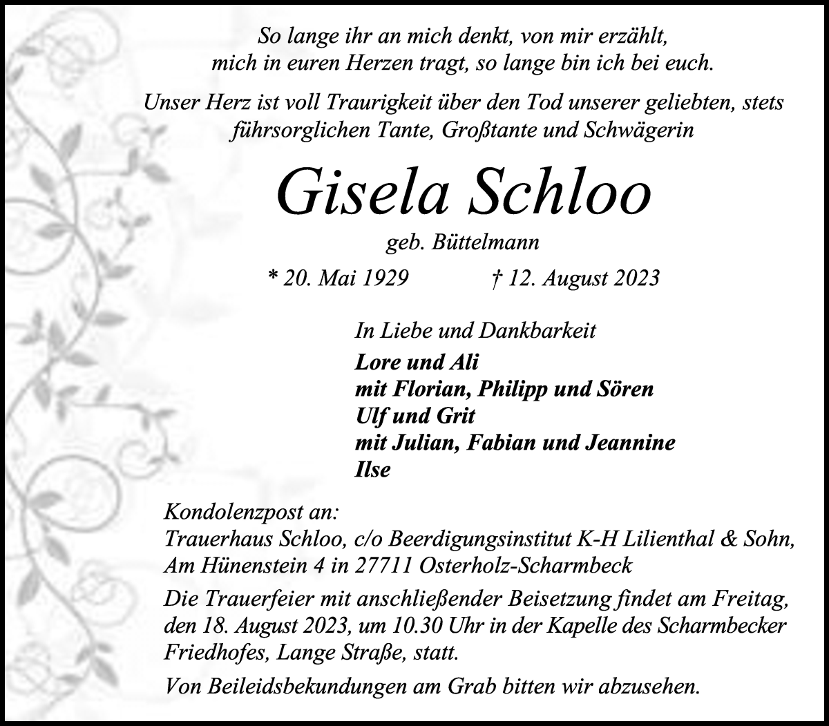 Traueranzeige von Gisela Schloo von Osterholzer Kreisblatt