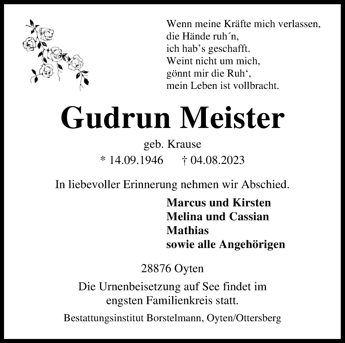 Traueranzeige von Gudrun Meister von WESER-KURIER