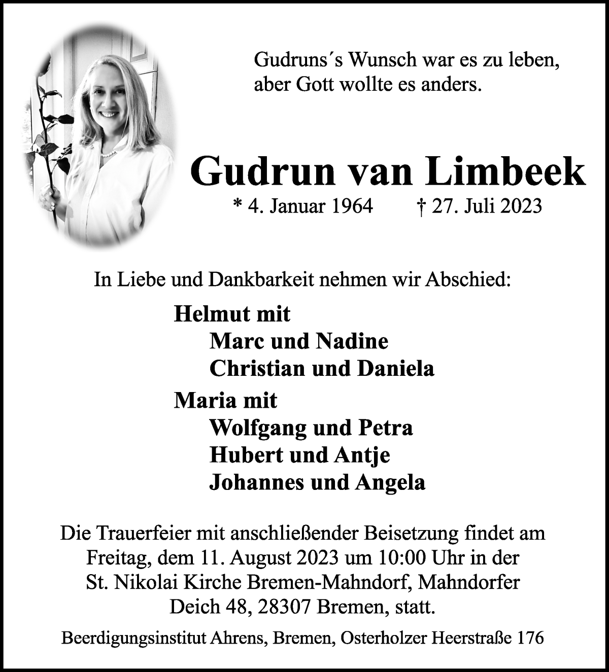 Traueranzeige von Gudrun van Limbeek von WESER-KURIER