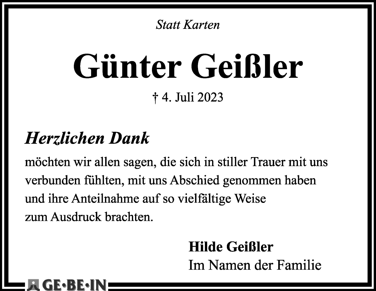 Traueranzeige von Günter Geißler von WESER-KURIER