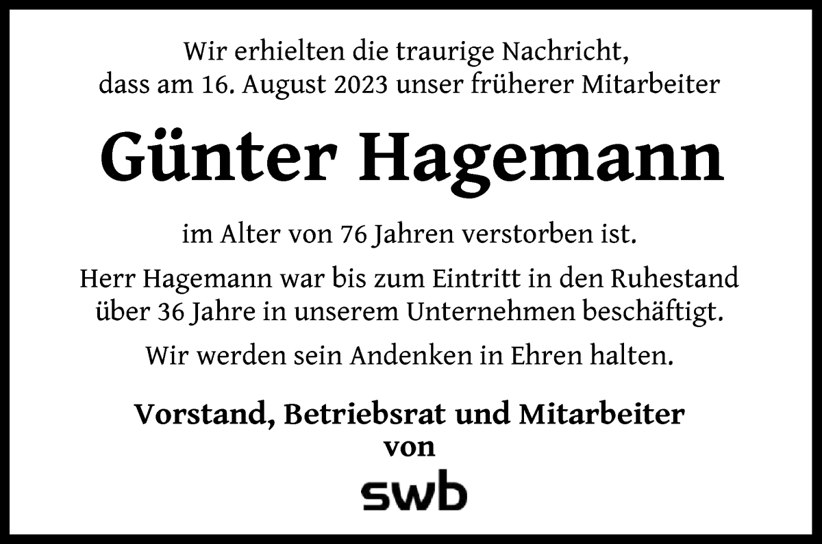 Traueranzeige von Günter Hagemann von WESER-KURIER