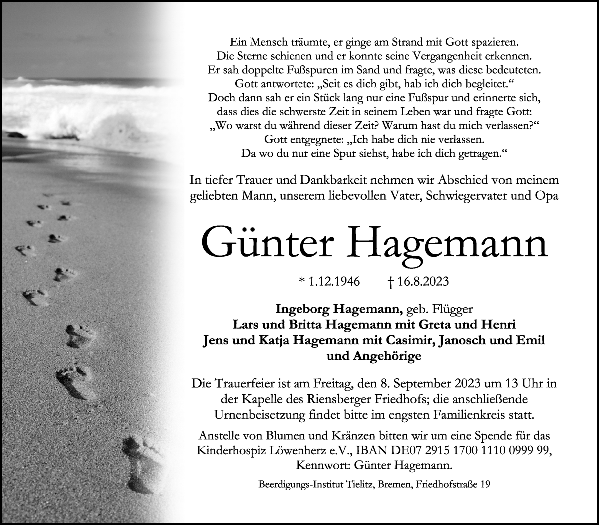 Traueranzeige von Günter Hagemann von WESER-KURIER