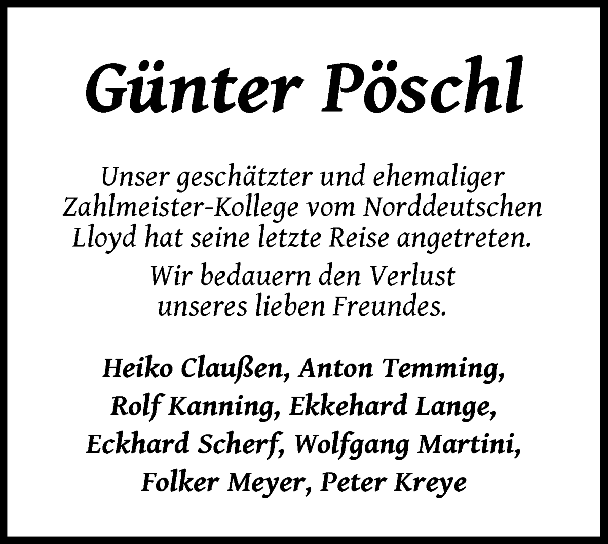 Traueranzeige von Günter Pöschl von WESER-KURIER